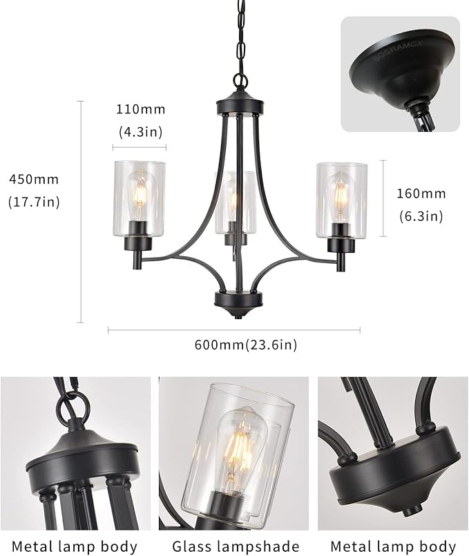BOZO 3 Lights Black Chandelier for Dining Room Light Fixture Over Table, Entryway Chandelier for Foyer, Hallway Lighting Fixtures with Glass Shade for Kitchen Island