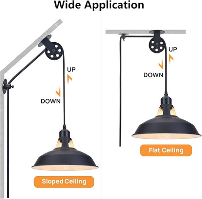 Lomoky Plug in Pulley Pendant Light with 14.76ft Cord On/Off Switch, Industrial Barn Black Hanging Lights with Plug in Cord, Pulley Wall Pendant Lamp for Kitchen Island, Pool Table, Bedroom, 1 Pack