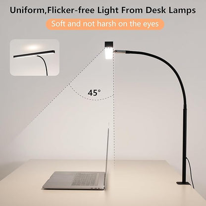 LED Desk Lamp for Office Home, Adjustable Flexible Eye-Caring Desk Light with,5 Modes 10 Brightness Adjustment, USB Adapter Desk Lamp with Clamp-T-B
