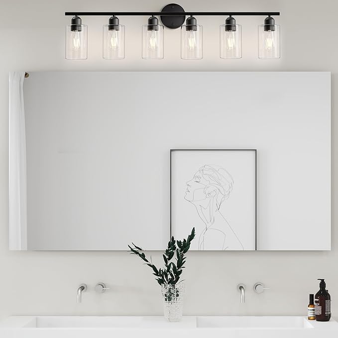 6 Lights Bathroom Vanity Light Fixtures Matte Black,Rustic Farmhouse Vanity Lighting Over Mirror Modern Industrial Lamp with Cylinder Glass Shade UL Certified