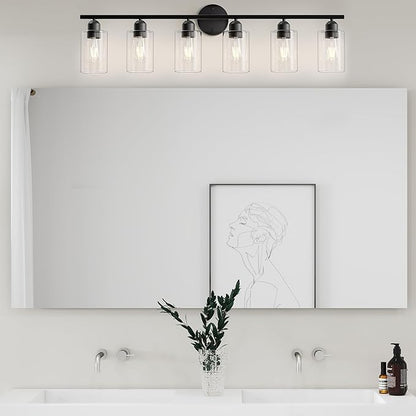 6 Lights Bathroom Vanity Light Fixtures Matte Black,Rustic Farmhouse Vanity Lighting Over Mirror Modern Industrial Lamp with Cylinder Glass Shade UL Certified