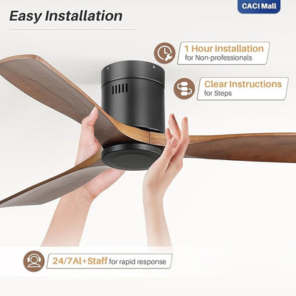 CACI Mall 52 Inch Solid Wood Ceiling Fan without Light, Flush Mount, 3 Blade, Low Profile, Modern, Outdoor/Indoor Ceiling Fans No Light for Bedroom/Farmhouse/Patio