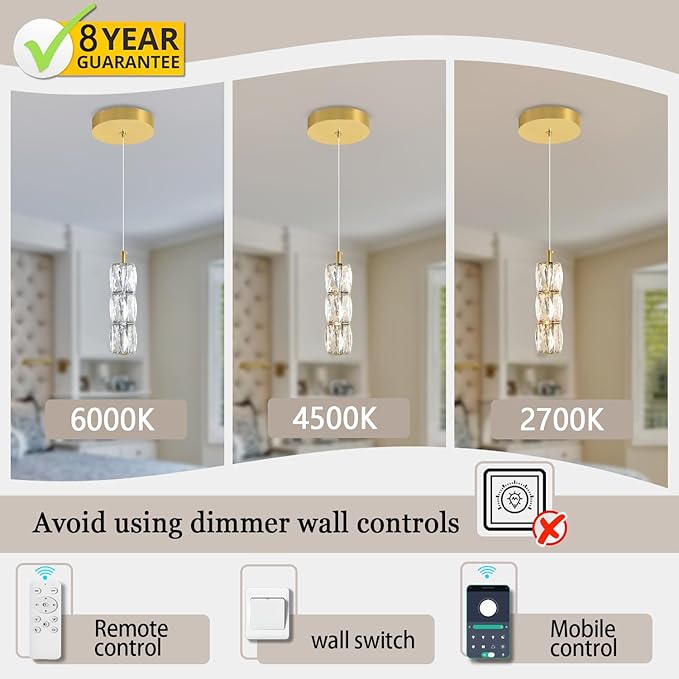 ykolupty Pendant Lights Kitchen Island Single Head Gold Crystal Island Lights Dining Foyer Entrance Modern Chandeliers LED Dimmable 2700-6000K