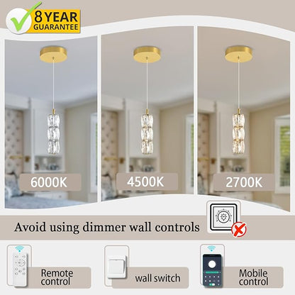 ykolupty Pendant Lights Kitchen Island Single Head Gold Crystal Island Lights Dining Foyer Entrance Modern Chandeliers LED Dimmable 2700-6000K