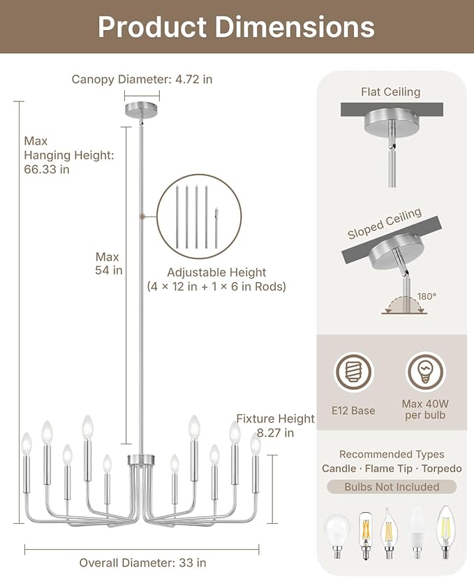 Yunnix 10 Light Brushed Nickel Chandelier, 33" Extra Large Modern Farmhouse Hanging Fixture - Sleek Silver Chandelier Dining Room Light for Kitchen Island, Living Room, Hall, Foyer