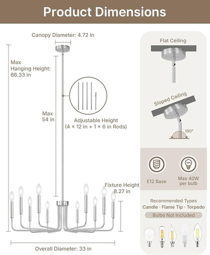 Yunnix 10 Light Brushed Nickel Chandelier, 33" Extra Large Modern Farmhouse Hanging Fixture - Sleek Silver Chandelier Dining Room Light for Kitchen Island, Living Room, Hall, Foyer