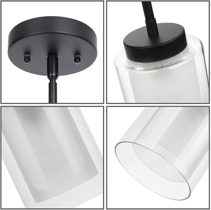 XiNBEi Lighting Black Pendant Light, Modern Adjustable Hanging Pendant Lighting Glass Kitchen Island Lights for Bar Dining Room Kitchen Sink XB-P1195-MB