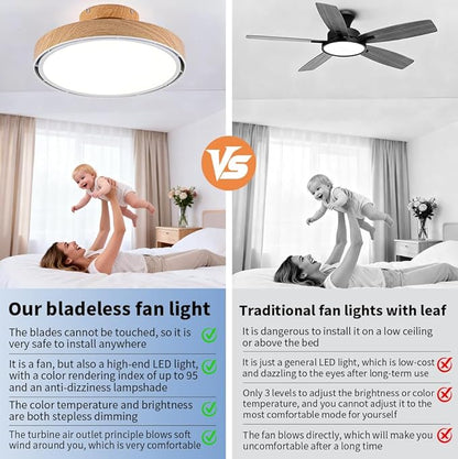 Bladeless Ceiling Fans with Lights and Remote, Flush Mount Modern Ceiling Fan with Light, 6 Speeds, Stepless dimming & 3000-6000K CCT LED Lights for Bedroom, Living Room (Light Walnut)