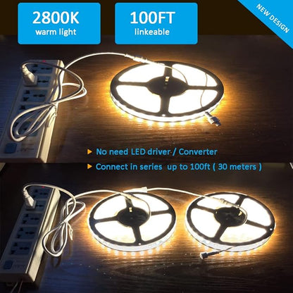 120V Dimmable LED Strip Light, Waterproof IP65, No Need Transformer, Warm White 2800K 110V LED Rope Light, 16.4ft LED Tape Light 115V Under-Cabinet Light Flexible, Dimming by Wall Dimmer Switch