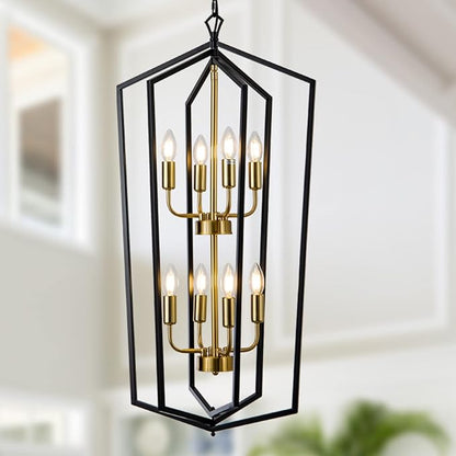 Lanhall 8-Light Lantern Tired Farmhouse Ceiling Hanging Light Black Chandelier Metal Modern Pendant Light Fixtures for Kitchen Island Dining Room Living Room Foyer Entryway-Brushed Brass