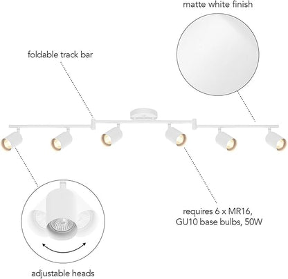 Globe Electric 64000122 47" 6-Light Foldable Track Lighting, Matte White, Cylindrical Shades, Adjustable Pivoting Heads, Modern Ceiling Light Fixture for Kitchen Island, Hallway, or Dining Room