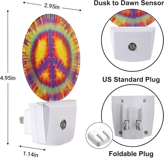Peace Sign Tie Dye Night Lights Plug into Wall Yellow Colorful Circle Plug-in Nightlight Auto on/Off Dim Light Sleep Friendly for Home Decor & Holiday Gifts for Family Friends