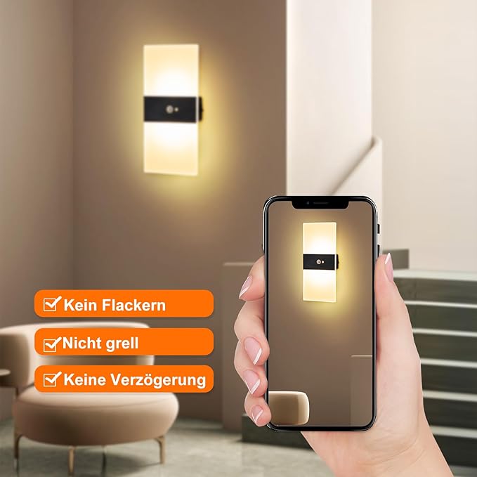 Motion Sensor Wall Light, Battery Operated Wall Sconce, Rectangle LED Wall Lights for Room Decor, Dimmable, Rechargeable, Small Night Lights for Hallway Stairway Porch Closet, 1-Pack
