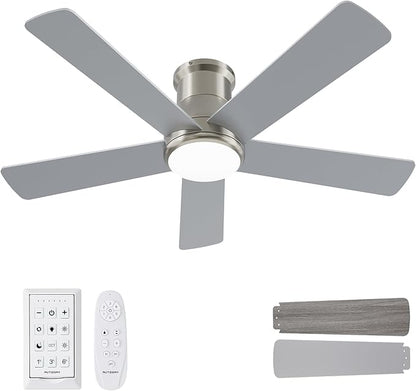 42 Inch Low Profile Ceiling Fan with Light, Burshed Nickel Ceiling Fans with Lights and Remote, Flush Mount, 6 Speeds Quiet DC, 3CCT Dimmable, Indoor Outdoor Ceiling Fans for Patios Bedroom