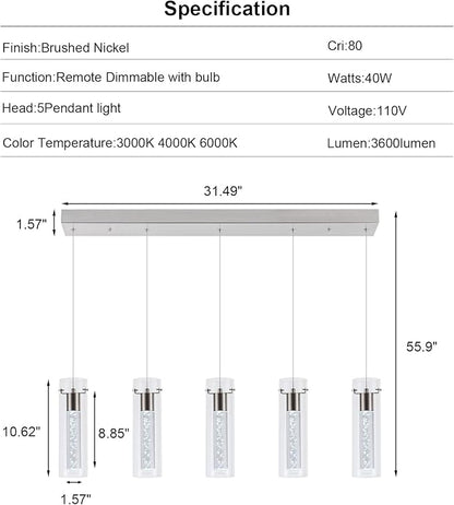 Dimmable Kitchen Pendant Lights, Brushed Nickel Remote Control led Pendant Lighting,3D Modern Pendant Light for Kitchen Dinning Room, Living Room, Corridor, Cafe bar, Club, Restaurant