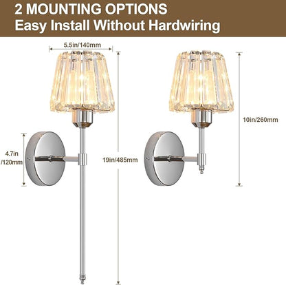 Battery Operated Crystal Wall Sconce Set of 2, Chrome Rechargeable Wireless Wall Sconces with Remote Dimmable 12 Colors Modes Led Wall Lights for Bedroom Living Room Hallway, 2 Bulbs Included