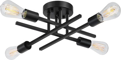 SunRider Industrial 4-Light Semi Flush Mount Ceiling Light Fixture, Indoor Farmhouse Lights Matte Black, Rustic Sputnik Chandelier for Kitchen, Large