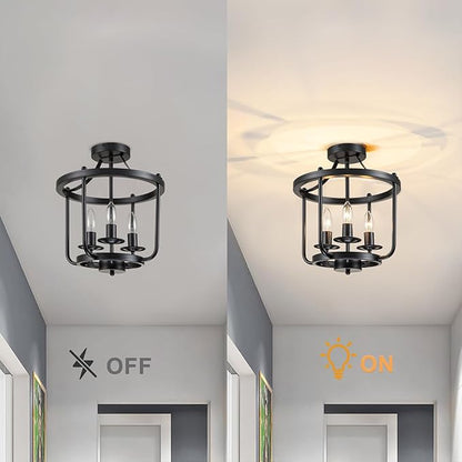 Farmhouse Semi Flush Mount Ceiling Light Fixtures, Industrial Rustic Ceiling Lamp Metal Cage Hallway Light Fixtures(3-Light Black Finish)