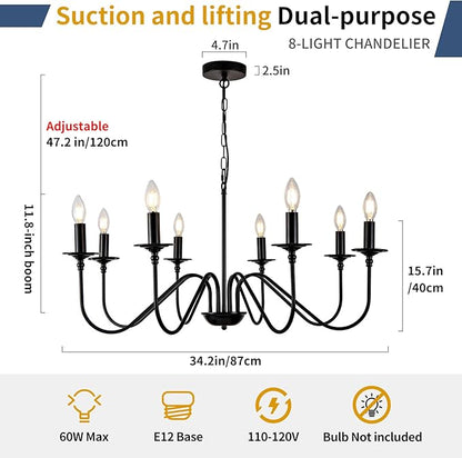Black Farmhouse Chandeliers, 8 Light S-Arm Modern Candle Hanging Pendant Light, Industrial Rustic Metal Ceiling Kitchen Island Light for Living Room, Entryway, Foyer, Bedroom, Dining Room
