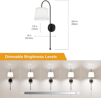 Wall Decor Sconces Set of Two Battery Operated, Rechargeable Wireless Wall Lights for Living Room Bedroom, 2 Battery Powered Wall Lamp with Magnetic Dimmable RGB Bulbs & Remote - Black