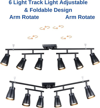 6 Light Modern Industrial Track Lighting Fixtures with Matte Black, Swivel Rotating Bar Ceiling Spotlight Adjustable Head,Dimmable GU10 Socket for Studios Hallyway Bar Bedroom Living Room