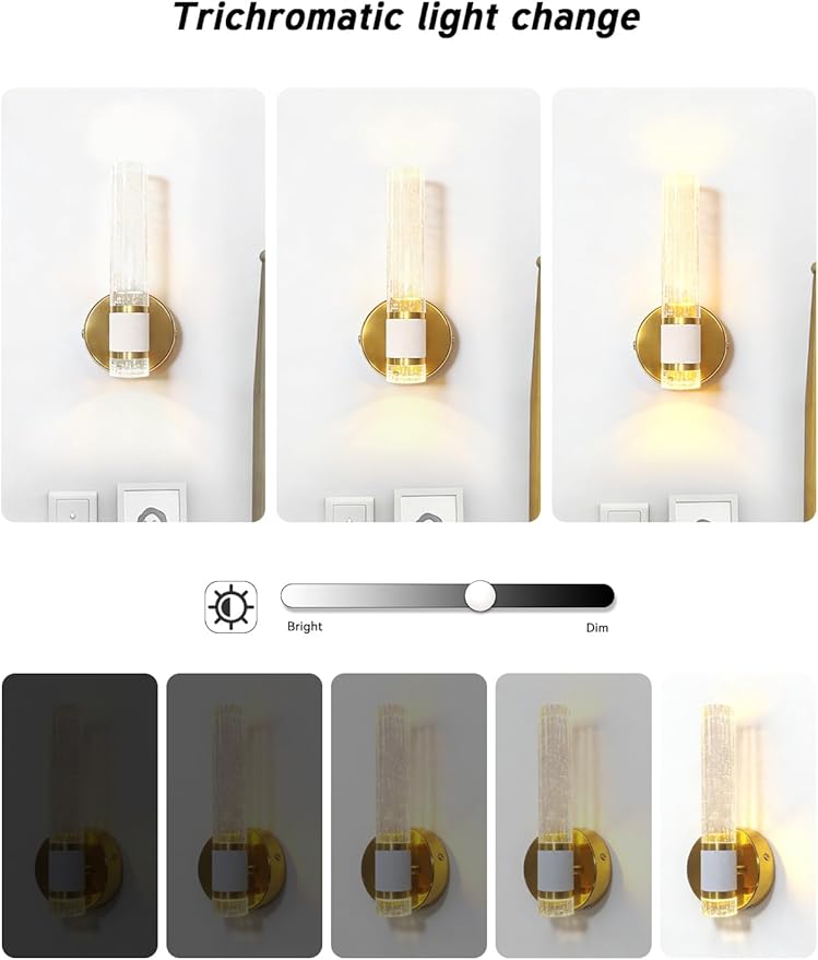 Gold Battery Operated Wall Sconces Set of Two, Dimmable Timer Wall Lamp Wireless Rechargeable Wall Light for Home Decor Living Room Bedroom Bedside Study Room Bathroom