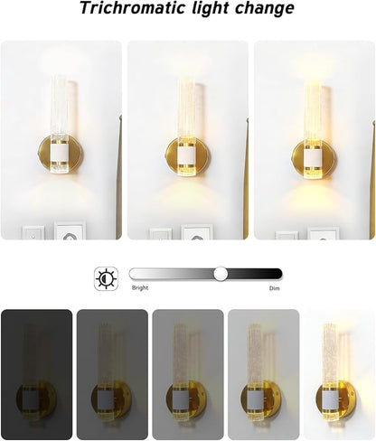 Gold Battery Operated Wall Sconces Set of Two, Dimmable Timer Wall Lamp Wireless Rechargeable Wall Light for Home Decor Living Room Bedroom Bedside Study Room Bathroom