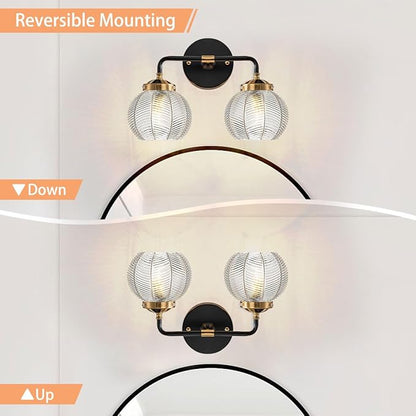 Black Bathroom Vanity Light Fixture Kitchen Sink Sconce Lighting fixtures Over Mirror with 2 Globe Shade Clear Wall Light Modern Ribbed Glass Wall Sconces for Bedroom Living Room