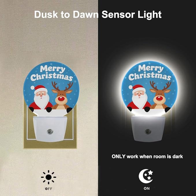 EKOBLA Santa & Reindeer Plug-in Night Light, Merry Christmas Snowflake LED Nightlight with Auto Sensor for Holiday