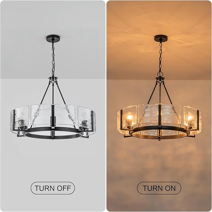 Black Glass Chandelier for Dining Room, 27.6" Large Modern Dining Room Light Fixture Farmhouse Glass Drum Chandelier for High Ceiling,Foyer,Living Room,Entryway