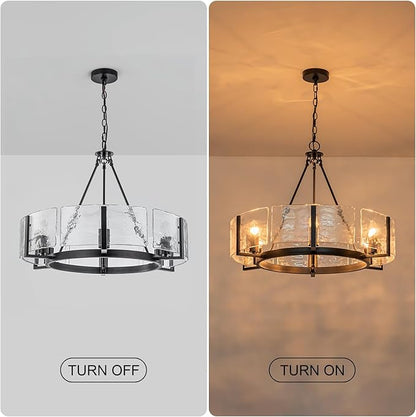 Black Glass Chandelier for Dining Room, 27.6" Large Modern Dining Room Light Fixture Farmhouse Glass Drum Chandelier for High Ceiling,Foyer,Living Room,Entryway