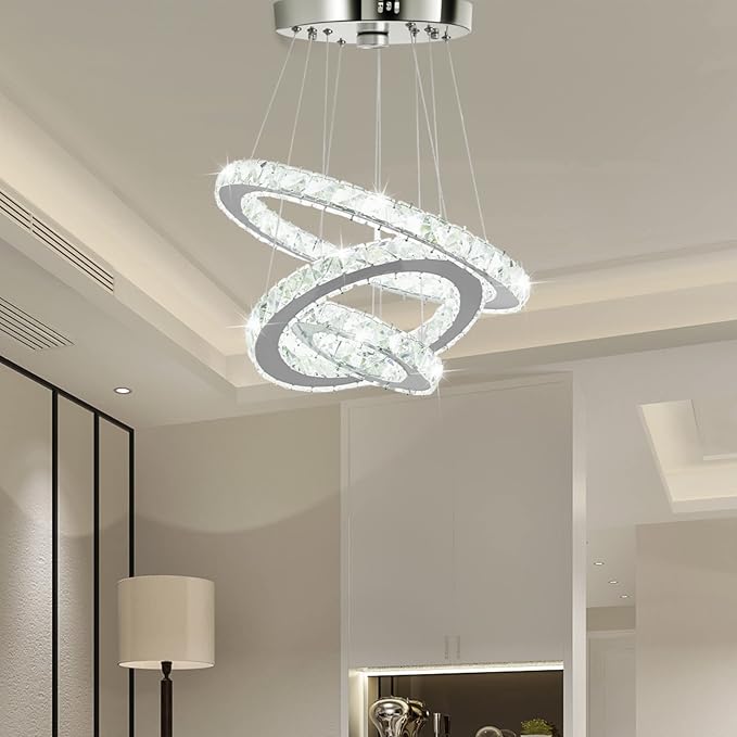 Crystal Chandeliers Modern LED 3 Ring Chandelier Adjustable Ceiling Light Fixtures Pendant Lighting Stainless Steel Hanging Lights for Living Room Dining Room Bathroom Bedroom, Cold White (Round)