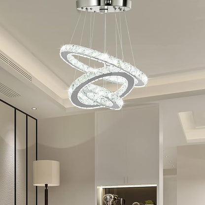 Crystal Chandeliers Modern LED 3 Ring Chandelier Adjustable Ceiling Light Fixtures Pendant Lighting Stainless Steel Hanging Lights for Living Room Dining Room Bathroom Bedroom, Cold White (Round)