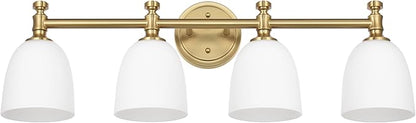 Gold Bathroom Vanity Light, 4-Light Bathroom Light Fixtures Over Mirror, Traditional Vanity Lights for Living Room, Milk White Bell Glass Shades, Standard E26 Base, Aged Brass