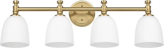 Gold Bathroom Vanity Light, 4-Light Bathroom Light Fixtures Over Mirror, Traditional Vanity Lights for Living Room, Milk White Bell Glass Shades, Standard E26 Base, Aged Brass