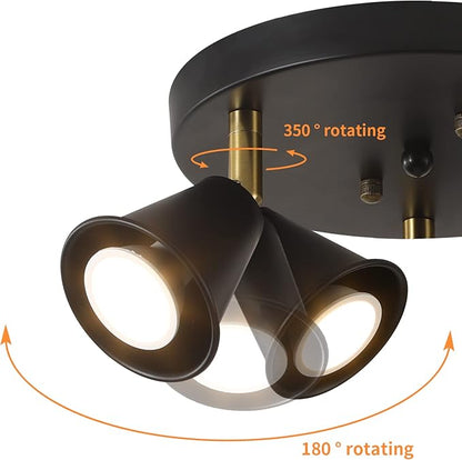 3-Light Industrial Directional Track Lighting, Adjustable Round Ceiling Spotlight, Morden Black Flush Mount Kitchen Light for Kitchen,Hallway,Dining Room,Porch,Office.Gu10 Bulbs Included