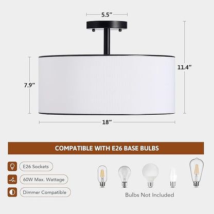 VONLUCE Semi Flush Mount Ceiling Light, 18" Ceiling Light Fixture with Diffused Shaped, Modern Light Fixture for Bedroom Living Room Entryway Hallway, White Shade & Black Finish