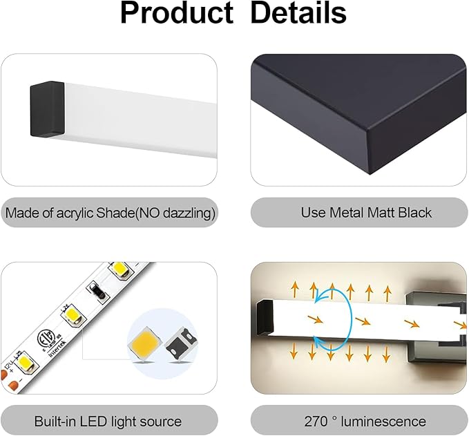 LED Bathroom Vanity Light Cool White 5000K Black Modern Matte Bathroom Lighting Fixtures; 16 Inch IP44 20W Equivalent to Incandescent 200W for Over Mirror Vanity Light - ETL Listed (1 Pack)