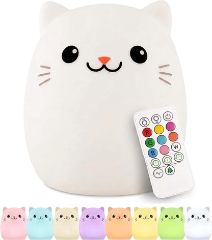 Lumipets Clive the Cat Squishy Silicone Night Light for Kids | Cute Night Light with Remote & Touch Control for Baby & Toddler Bedrooms | Color Changing Portable Animal Nightlight | Kids Mood Lamp