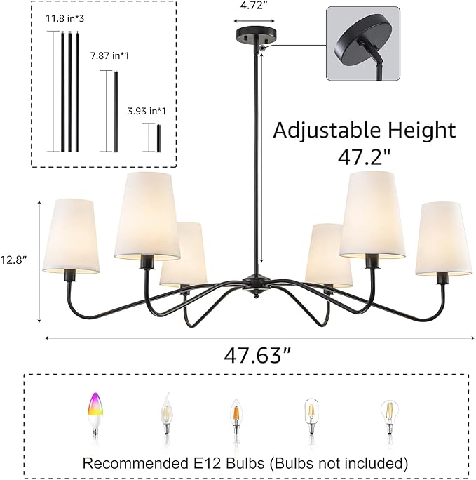 47'' Oversized Modern Chandelier with Shades, Farmhouse Chandelier, 6-Light Large Black Chandelier for Living Room, Adjustable Traditional Chandeliers for Foyer Kitchen E12 Base