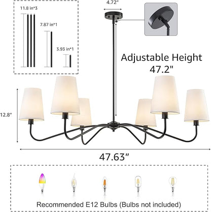 47'' Oversized Modern Chandelier with Shades, Farmhouse Chandelier, 6-Light Large Black Chandelier for Living Room, Adjustable Traditional Chandeliers for Foyer Kitchen E12 Base