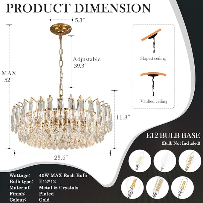 23.6" Gold Crystal Chandeliers Fully Transparent Crystal Modern3-Tier Luxury Crystal Pendant Light Ceiling Pendant Lighting for Dinning Room Living Room Foyer