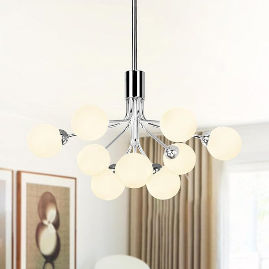 Depuley Glass Ball Sputnik Chandelier: 9-Light Modern Mid Century Chrome Chandelier Dining Room - 23.6" Globe Chandelier Light Fixture Height Adjustable Kitchen Over Table (Included G9 Bulbs)