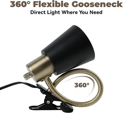 Desk lamp Eye-Caring Table Lamps, 360°Rotation Gooseneck Clip on Lamp Reading Light, Portable Reading Book Light, Clamp Light, Study Desk Lamps for Bedroom and Office Home Lighting (Black and Gold)