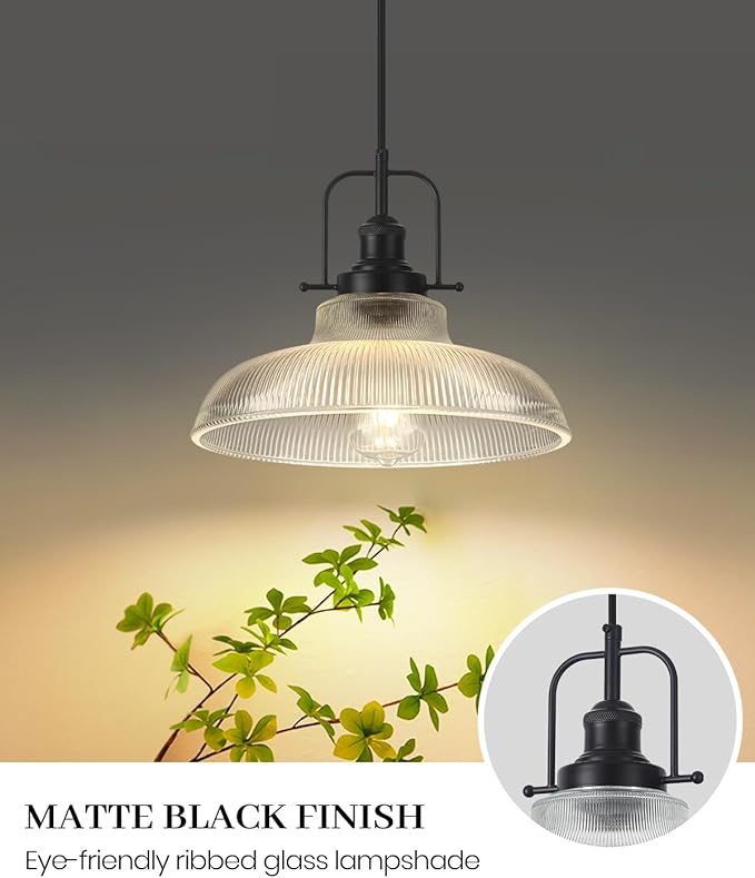 Black Glass Pendant Lights Kitchen Island 2 Pack, 12-inch Ribbed Glass Kitchen Pendant Lights, Farmhouse Pendant Lighting Over Island, Sink, Bar, Vintage Pendant Light for Dining Room