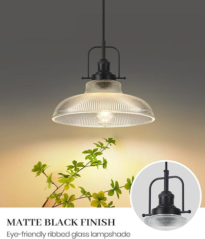 Black Glass Pendant Lights Kitchen Island 1 Pack, 12-inch Ribbed Glass Kitchen Pendant Lights, Farmhouse Pendant Lighting Over Island, Sink, Bar, Vintage Pendant Light for Dining Room