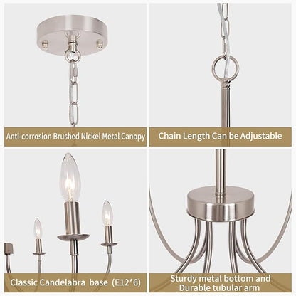 6-Light Farmhouse Chandelier for Dining Room, Brushed Nickel Dining Room Light Fixtures, Industrial Vintage Candle Chandeliers for Living Room, Bedroom, Foyer, Kitchen, Entryway
