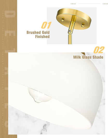 Emak Brushed Gold Pendant Lights Kitchen Island, 10 Inch Large Milk Glass Pendant Light Fixtures, Modern Hanging Lights for Kitchen Island, Dining Room, Bedroom, Bathroom, PL131-BGD-ML