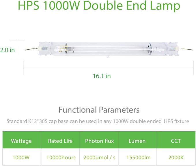 1000W Double Ended HPS Grow Light Bulb,High PAR Enhanced Red and Orange Spectrums CCT 2000K, Ultra Bright 155000 Lumens,1000W High Pressure Sodium Grow Lamp,1000 Watt DE HID Grow Bulb