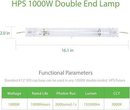 1000W Double Ended HPS Grow Light Bulb,High PAR Enhanced Red and Orange Spectrums CCT 2000K, Ultra Bright 155000 Lumens,1000W High Pressure Sodium Grow Lamp,1000 Watt DE HID Grow Bulb